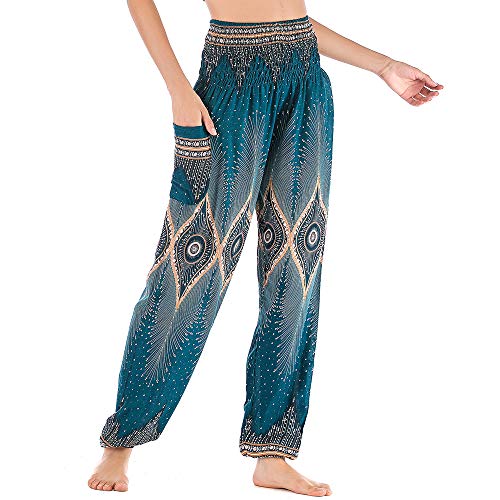 Nuofengkudu Damen Hippie Pumphosen mit Taschen Muster High Waist Haremshose Boho Luftige Bequeme Luftige Sommer Thai Hosen Yogahose Strandhosen Festlich(Grün Auge,Einheitsgröße) von Nuofengkudu