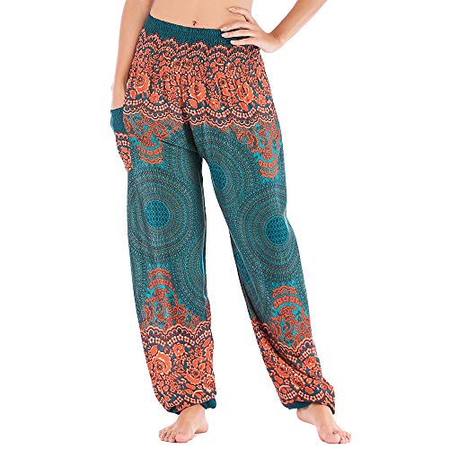 Nuofengkudu Damen Hippie Pumphosen mit Taschen Muster High Waist Haremshose Boho Luftige Bequeme Luftige Sommer Thai Hosen Yogahose Strandhosen Festlich(Grün Runde,Einheitsgröße) von Nuofengkudu