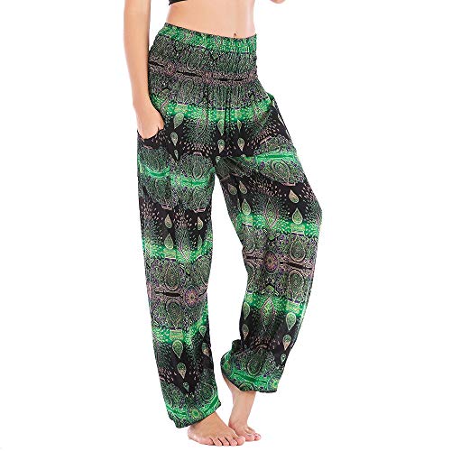 Nuofengkudu Damen Hippie Pumphosen mit Taschen Muster High Waist Haremshose Boho Luftige Bequeme Luftige Sommer Thai Hosen Yogahose Strandhosen Festlich(Grün Wasser,Einheitsgröße) von Nuofengkudu