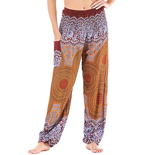 Nuofengkudu Damen Hippie Pumphosen mit Taschen Muster High Waist Haremshose Boho Luftige Bequeme Luftige Sommer Thai Hosen Yogahose Strandhosen Festlich(Kaffee Runde,Einheitsgröße) von Nuofengkudu