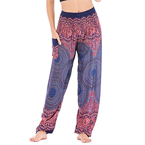 Nuofengkudu Damen Hippie Pumphosen mit Taschen Muster High Waist Haremshose Boho Luftige Bequeme Luftige Sommer Thai Hosen Yogahose Strandhosen Festlich(Marineblau Runde,Einheitsgröße) von Nuofengkudu