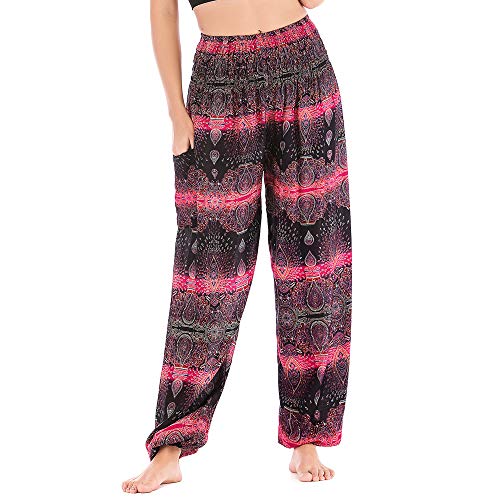 Nuofengkudu Damen Hippie Pumphosen mit Taschen Muster High Waist Haremshose Boho Luftige Bequeme Luftige Sommer Thai Hosen Yogahose Strandhosen Festlich(Rose Wasser,Einheitsgröße) von Nuofengkudu