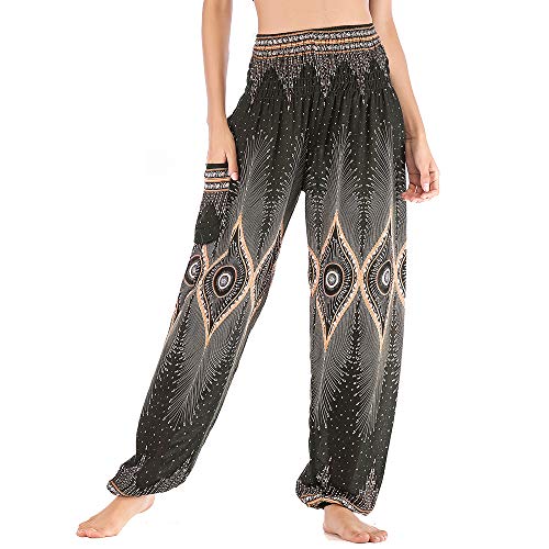 Nuofengkudu Damen Hippie Pumphosen mit Taschen Muster High Waist Haremshose Boho Luftige Bequeme Luftige Sommer Thai Hosen Yogahose Strandhosen Festlich(Schwarz Auge,Einheitsgröße) von Nuofengkudu