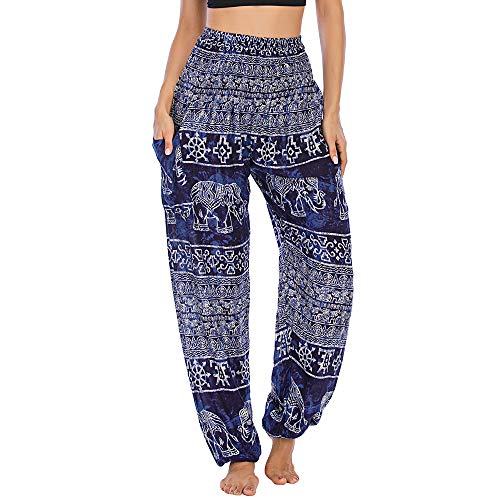 Nuofengkudu Damen Hippie Pumphosen mit Taschen Muster High Waist Haremshose Boho Luftige Bequeme Luftige Sommer Thai Hosen Yogahose Strandhosen Festlich(W-Dunkelblau,Einheitsgröße) von Nuofengkudu