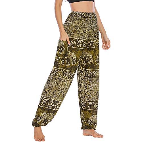 Nuofengkudu Damen Hippie Pumphosen mit Taschen Muster High Waist Haremshose Boho Luftige Bequeme Luftige Sommer Thai Hosen Yogahose Strandhosen Festlich(W-Dunkelgrün,Einheitsgröße) von Nuofengkudu