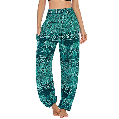 Nuofengkudu Damen Hippie Pumphosen mit Taschen Muster High Waist Haremshose Boho Luftige Bequeme Luftige Sommer Thai Hosen Yogahose Strandhosen Festlich(W-Grün,Einheitsgröße) von Nuofengkudu