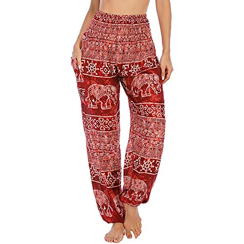 Nuofengkudu Damen Hippie Pumphosen mit Taschen Muster High Waist Haremshose Boho Luftige Bequeme Luftige Sommer Thai Hosen Yogahose Strandhosen Festlich(W-Weinrot,Einheitsgröße) von Nuofengkudu