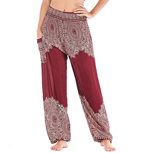 Nuofengkudu Damen Hippie Pumphosen mit Taschen Muster High Waist Haremshose Boho Luftige Bequeme Luftige Sommer Thai Hosen Yogahose Strandhosen Festlich(Wine Rot Blume,Einheitsgröße) von Nuofengkudu