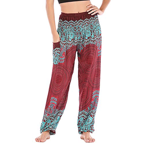 Nuofengkudu Damen Hippie Pumphosen mit Taschen Muster High Waist Haremshose Boho Luftige Bequeme Luftige Sommer Thai Hosen Yogahose Strandhosen Festlich(Wine Rot Runde,Einheitsgröße) von Nuofengkudu