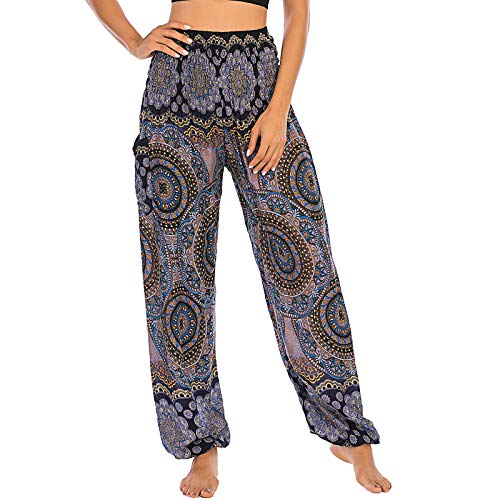 Nuofengkudu Damen Hippie Pumphosen mit Taschen Muster High Waist Haremshose Boho Luftige Bequeme Luftige Sommer Thai Hosen Yogahose Strandhosen Festlich(X-Blume Dunkelblau) von Nuofengkudu