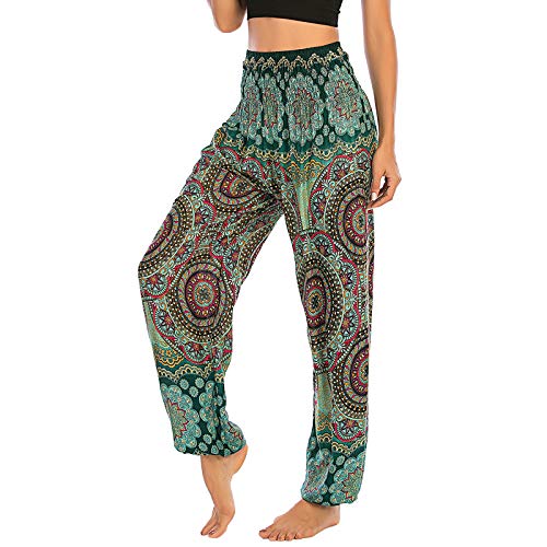 Nuofengkudu Damen Hippie Pumphosen mit Taschen Muster High Waist Haremshose Boho Luftige Bequeme Luftige Sommer Thai Hosen Yogahose Strandhosen Festlich(X-Blume Grün) von Nuofengkudu