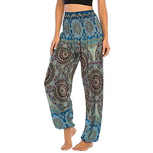 Nuofengkudu Damen Hippie Pumphosen mit Taschen Muster High Waist Haremshose Boho Luftige Bequeme Luftige Sommer Thai Hosen Yogahose Strandhosen Festlich(X-Blume Himmelblau) von Nuofengkudu