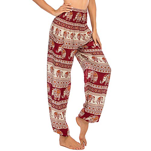 Nuofengkudu Damen Hippie Pumphosen mit Taschen Muster High Waist Haremshose Boho Luftige Bequeme Luftige Sommer Thai Hosen Yogahose Strandhosen Festlich(X-Elefant WeinRot) von Nuofengkudu