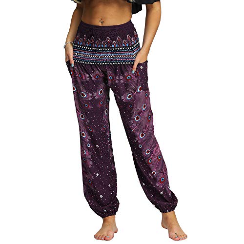 Nuofengkudu Damen Hippie Yogahosen Haremshosen mit Taschen Leichte Boho Muster Bunt High Waist Pumphose Sommer Lockere Strand Hosen (Dunkelviolett A,One Size) von Nuofengkudu