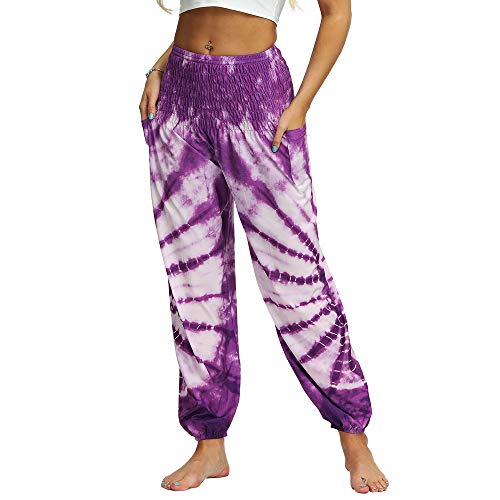 Nuofengkudu Damen Hippie Yogahosen Haremshosen mit Taschen Leichte Boho Muster Bunt High Waist Pumphose Sommer Lockere Strand Hosen (Violett B,One Size) von Nuofengkudu