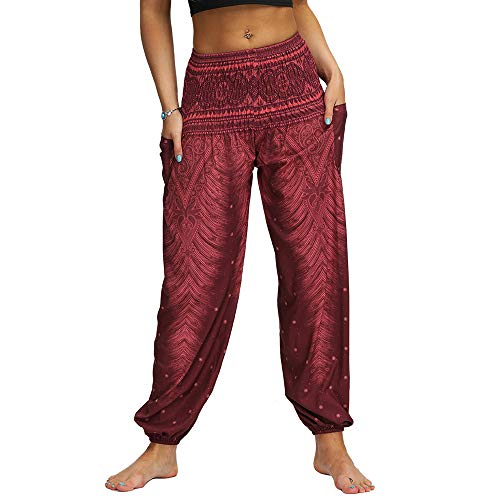 Nuofengkudu Damen Hippie Yogahosen Haremshosen mit Taschen Leichte Boho Muster Bunt High Waist Pumphose Sommer Lockere Strand Hosen(Weinrot,One Size) von Nuofengkudu