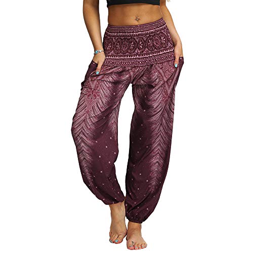 Nuofengkudu Damen Hippie Yogahosen Haremshosen mit Taschen Leichte Boho Muster Bunt High Waist Pumphose Sommer Lockere Strandhose (Braun B,One Size) von Nuofengkudu