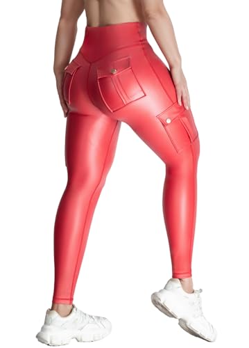 Nuofengkudu Damen Kunstleder Cargo Leggings mit Taschen High Waist 7/8 Länge Stretch Athletisch Glänzend Weich Fitness Sport Push-Up Bauchkontrolle Po-Lift Blickdicht Slim Fit Hosen Rot XL von Nuofengkudu