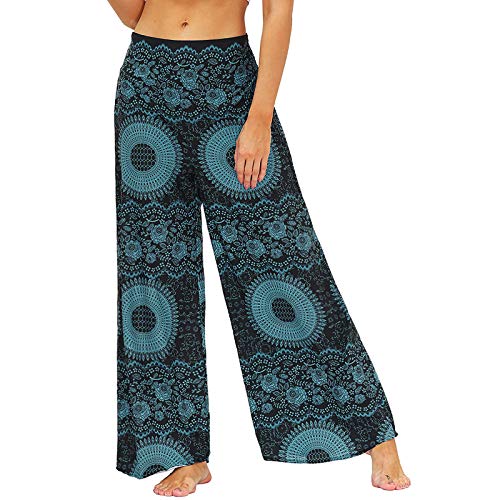 Nuofengkudu Damen Lang Gemusterte High Waist Yoga Hosen Weites Bein Elegant Hippie Sommerhose Locker Leicht Bunt Boho Sommer Strand Relaxhose Festlich Freizeithose(001-Blau,L/XL) von Nuofengkudu