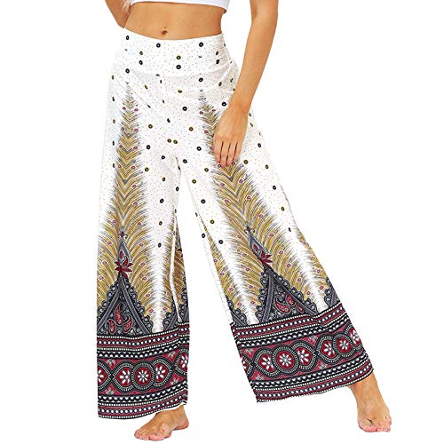 Nuofengkudu Damen Lang Gemusterte High Waist Yoga Hosen Weites Bein Elegant Hippie Sommerhose Locker Leicht Bunt Boho Sommer Strand Relaxhose Festlich Freizeithose(004-Weiß,L/XL) von Nuofengkudu