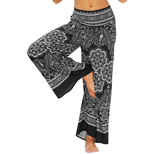 Nuofengkudu Damen Lang Gemusterte High Waist Yoga Hosen Weites Bein Elegant Hippie Sommerhose Locker Leicht Bunt Boho Sommer Strand Relaxhose Festlich Freizeithose(006-Schwarz,L/XL) von Nuofengkudu