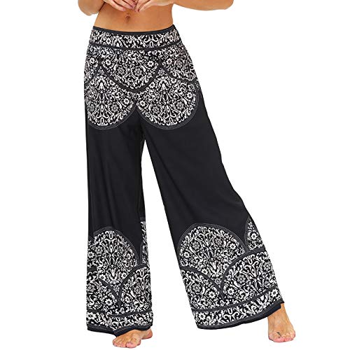 Nuofengkudu Damen Lang Gemusterte High Waist Yoga Hosen Weites Bein Elegant Hippie Sommerhose Locker Leicht Bunt Boho Sommer Strand Relaxhose Festlich Freizeithose(008-Schwarz,L/XL) von Nuofengkudu