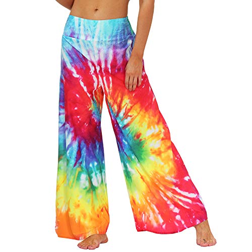 Nuofengkudu Damen Lang Gemusterte High Waist Yoga Hosen Weites Bein Elegant Hippie Sommerhose Locker Leicht Bunt Boho Sommer Strand Relaxhose Festlich Freizeithose(014-Rainbow,L/XL) von Nuofengkudu