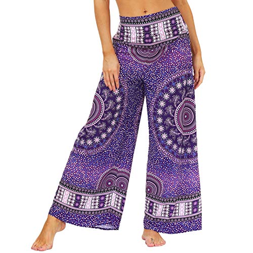 Nuofengkudu Damen Lang Gemusterte High Waist Yoga Hosen Weites Bein Elegant Hippie Sommerhose Locker Leicht Bunt Boho Sommer Strand Relaxhose Festlich Freizeithose(015-Violett,L/XL) von Nuofengkudu