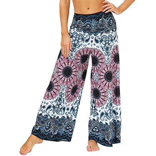 Nuofengkudu Damen Lang Gemusterte High Waist Yoga Hosen Weites Bein Elegant Hippie Sommerhose Locker Leicht Bunt Boho Sommer Strand Relaxhose Festlich Freizeithose(018-Grau,S/M) von Nuofengkudu