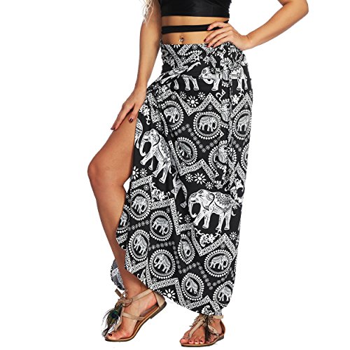 Nuofengkudu Damen Lange Hippie Rocke Luftige Boho Thai Muster Binden Taille Elegante Zigeuner Maxi Röcke Skirts Schwarz Elefant von Nuofengkudu