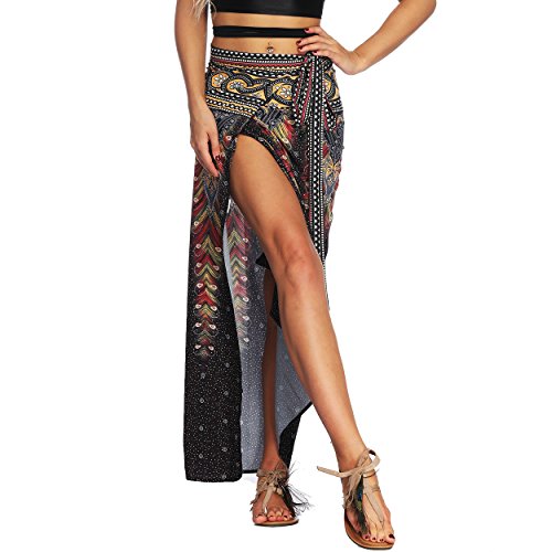 Nuofengkudu Damen Lange Hippie Rocke Luftige Boho Thai Muster Binden Taille Elegante Zigeuner Maxi Röcke Skirts Schwarz Pfau von Nuofengkudu