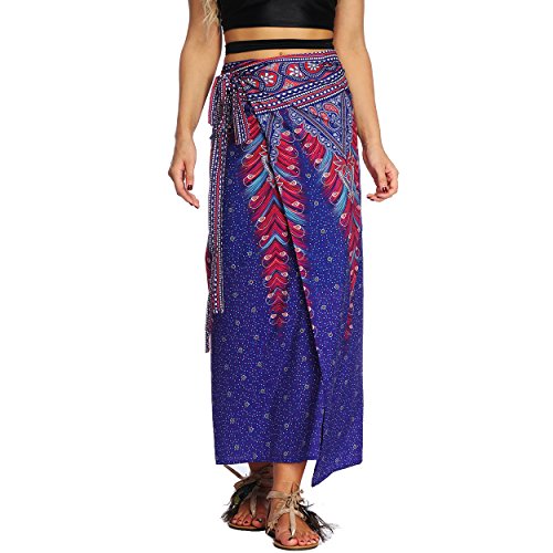 Nuofengkudu Damen Lange Hippie Rocke Luftige Boho Thai Muster Binden Taille Elegante Zigeuner Maxi Röcke Skirts Violett Pfau von Nuofengkudu