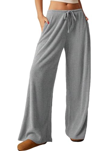 Nuofengkudu Damen Lockere Weite Bein Hose Lang Gerippt High Waist Tunnelzug Gummizug 2 Taschen Stretch Weich Bequeme Pyjama Hosen Haushose Freizeithose Palazzo Relax Slacks Schlupfhose Grau M von Nuofengkudu