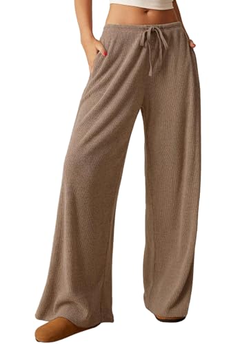 Nuofengkudu Damen Lockere Weite Bein Hose Lang Gerippt High Waist Tunnelzug Gummizug 2 Taschen Stretch Weich Bequeme Pyjama Hosen Haushose Freizeithose Palazzo Relax Slacks Schlupfhose Khaki M von Nuofengkudu