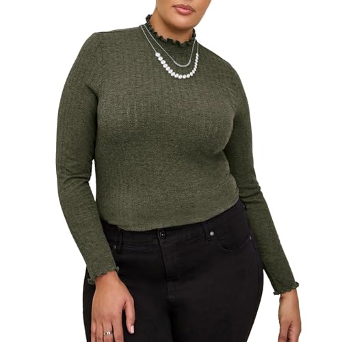 Nuofengkudu Damen Mock Neck Langarm T-Shirt Geripptes Strickmuster Slim Fit Übergröße Damenoberteile Dehnbares Einfarbiges Leichtgewichts-Pullover-Basisstück Armee Grün 4XL von Nuofengkudu