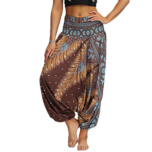 Nuofengkudu Damen Pumphose Aladin Thai Haremshose Hippie Bunt Muster Baggy Leichte Indische Yoga Hosen Blumen Hose Strandhose (Braun,One Size) von Nuofengkudu