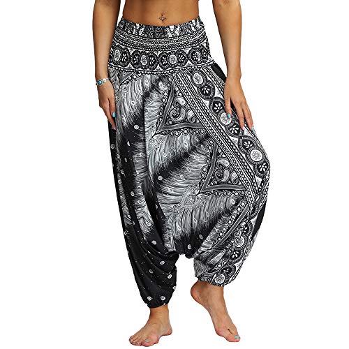 Nuofengkudu Damen Pumphose Aladin Thai Haremshose Hippie Bunt Muster Baggy Leichte Indische Yoga Hosen Blumen Hose Strandhose (Schwarz Muster B,One Size) von Nuofengkudu