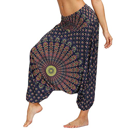 Nuofengkudu Damen Pumphose Aladin Thai Haremshose Hippie Bunt Muster Baggy Leichte Indische Yoga Hosen Hip Hop Sommer Strandhose(W-Blau A,Einheitsgröße) von Nuofengkudu