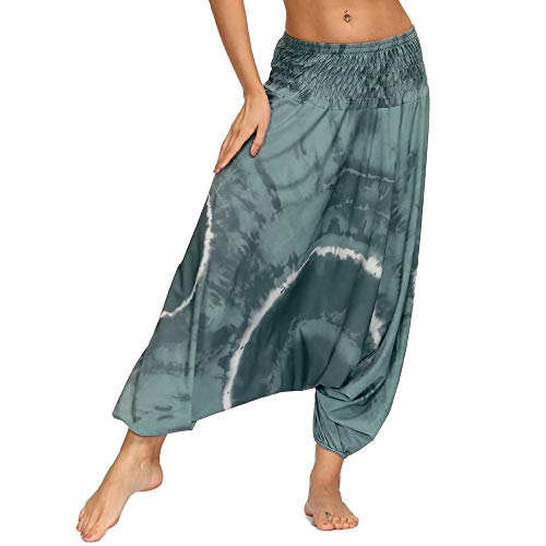 Nuofengkudu Damen Pumphose Aladin Thai Haremshose Hippie Bunt Muster Baggy Leichte Yoga Hosen Hip Hop Sommer Strandhose(W-Grau,Einheitsgröße) von Nuofengkudu