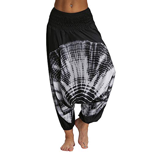 Nuofengkudu Damen Pumphose Aladin Thai Haremshose Hippie Bunt Muster Baggy Leichte Indische Yoga Hosen Hip Hop Sommer Strandhose(W-Schwarz,Einheitsgröße) von Nuofengkudu