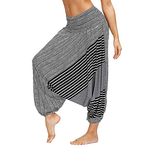 Nuofengkudu Damen Pumphose Aladin Thai Haremshose Hippie Bunt Muster Baggy Leichte Indische Yoga Hosen Hip Hop Sommer Strandhose(W-Schwarz C,Einheitsgröße) von Nuofengkudu