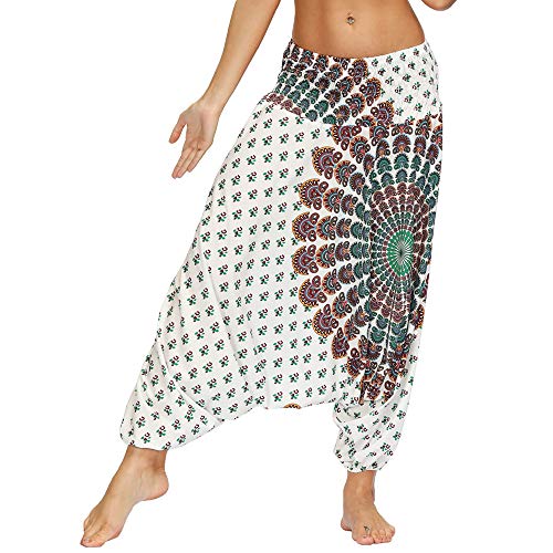 Nuofengkudu Damen Pumphose Aladin Thai Haremshose Hippie Bunt Muster Baggy Leichte Indische Yoga Hosen Hip Hop Sommer Strandhose(W-Weiß,Einheitsgröße) von Nuofengkudu