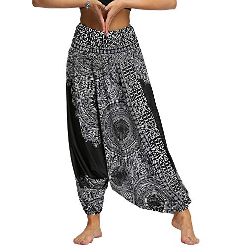 Nuofengkudu Damen Pumphose Aladin Thai Haremshose Hippie Bunt Muster Baggy Leichte Indische Yoga Hosen Hip Hop Sommer Strandhose (Schwarz Muster A,One Size) von Nuofengkudu