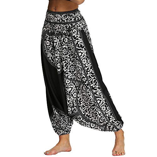 Nuofengkudu Damen Pumphose Aladin Thai Haremshose Hippie Bunt Muster Baggy Leichte Yoga Hosen Hip Hop Sommer Strandhose (Schwarz Muster C,One Size) von Nuofengkudu