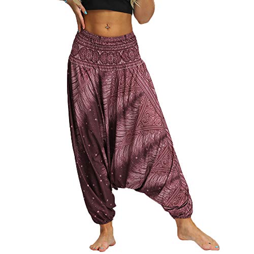 Nuofengkudu Damen Pumphose Aladin Thai Haremshose Hippie Bunt Muster Baggy Leichte Indische Yoga Hosen Hip Hop Sommer Strandhose (Violett,One Size) von Nuofengkudu