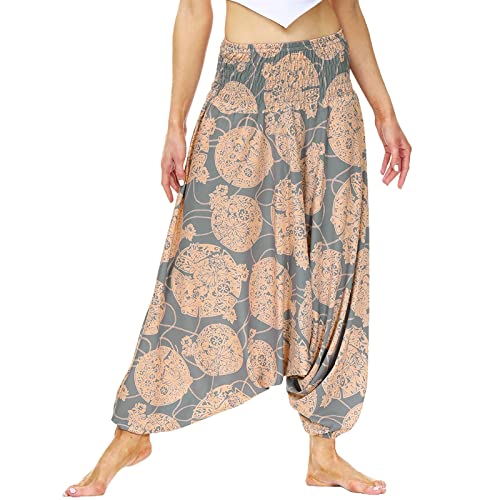 Nuofengkudu Damen Pumphose Aladin Thai Haremshose Hippie Bunt Muster Baggy Leichte Indische Yoga Hosen Hip Hop Sommer Strandhose X-Khaki Lotus Blatt Einheitsgröße von Nuofengkudu