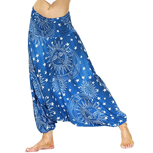 Nuofengkudu Damen Pumphose Aladin Thai Haremshose Hippie Bunt Muster Baggy Leichte Yoga Hosen Hip Hop Sommer Strandhose X-Weiß Lotusblatt Einheitsgröße von Nuofengkudu