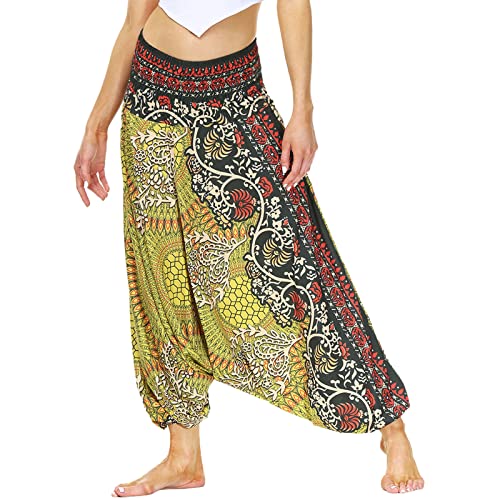 Nuofengkudu Damen Pumphose Aladin Thai Haremshose Hippie Bunt Muster Baggy Leichte Indische Yoga Hosen Hip Hop Sommer Strandhose X-Weiß Lotusblatt Einheitsgröße von Nuofengkudu