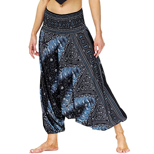 Nuofengkudu Damen Pumphose Aladin Thai Haremshose Hippie Bunt Muster Baggy Leichte Indische Yoga Hosen Hip Hop Sommer Strandhose X-Weiß Lotusblatt Einheitsgröße von Nuofengkudu