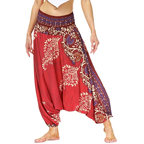 Nuofengkudu Damen Pumphose Aladin Thai Haremshose Hippie Bunt Muster Baggy Leichte Indische Yoga Hosen Hip Hop Sommer Strandhose X-Weiß Lotusblatt Einheitsgröße von Nuofengkudu